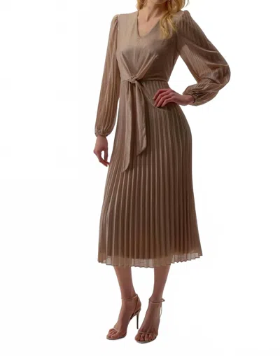 Joseph Ribkoff Waist Tie Puff Sleeve Pleated Fit And Flare Dress In Taupe/silver In Multi