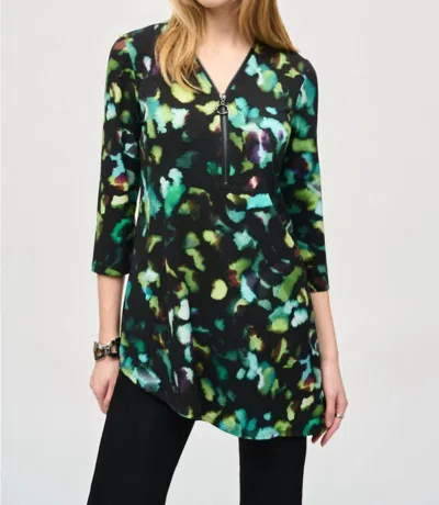 JOSEPH RIBKOFF WATERCOLOR ABSTRACT PRINT 3/4 SLEEVE ASYMMETRIC TOP IN BLACK/MULTI