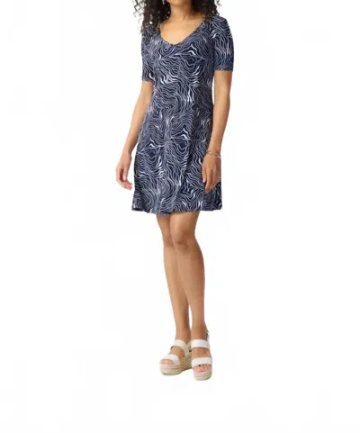 Joseph Ribkoff Wavy Print V-neck Short A-line Dress In Midnight Blue/vanilla