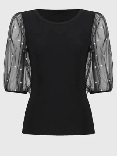 Joseph Ribkoff Women's Silky Knit Top With Embellished Mesh Sleeves 244189 Col 11 In Black