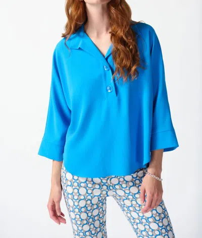 Joseph Ribkoff Woven Buttoned Collar Boxy Top In French Blue In Multi