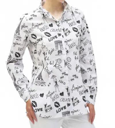 Joseph Ribkoff Woven Conversational Print Fit And Flare Blouse In White/black In Multi