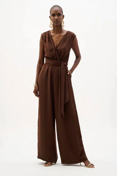 Joseph Ribkoff Woven Gauze Wide Leg Pull On Jumpsuit In Mahogany In Brown