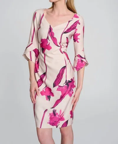 Joseph Ribkoff Woven Twill Floral Print Sheath Dress In Light Sand/pink In Multi