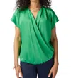 JOSEPH RIBKOFF WRAP FRONT SATIN TOP IN GREEN