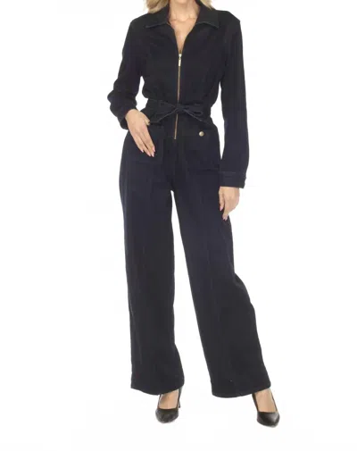 Joseph Ribkoff Zip Front Belted Denim Jumpsuit In Indigo Blue In Multi