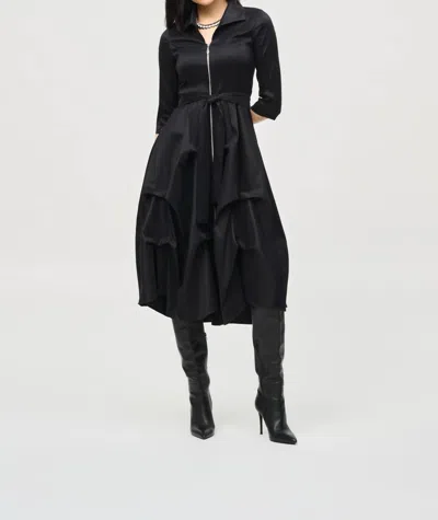 Joseph Ribkoff Zip Front Waist Sash Taffeta Midi Dress In Black
