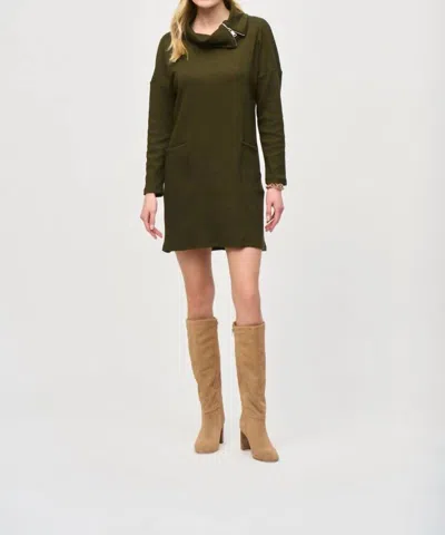 Joseph Ribkoff Zipper Collar Long Sleeves Mini Cocoon Dress In Olive/black