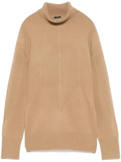 Joseph Soft Wool High Neck Sweater With Geometric Knit Pattern In Brown
