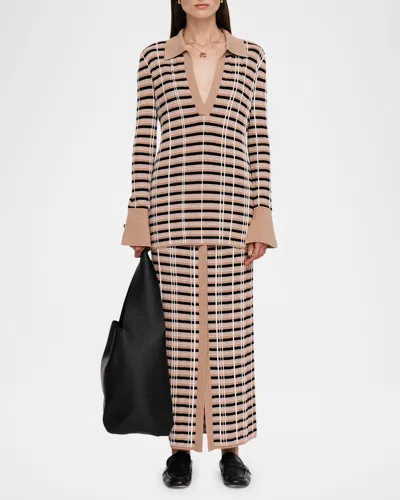 Joseph Striped Knit Polo Sweater In Blusher Combo