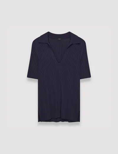 Joseph Viscose Ribbed Knitted Polo Top In Navy