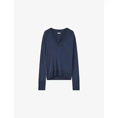 Joseph Womens Gallow V-neck Silk-knit Jumper Dark Mineral Xl In Blue