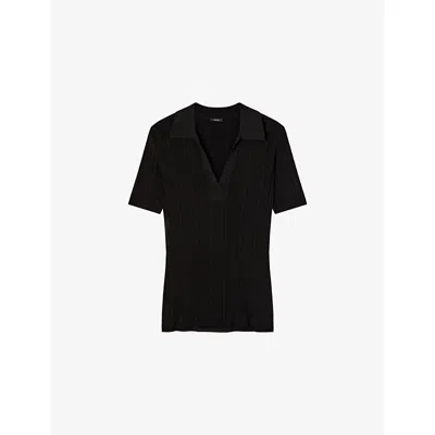 Joseph Womens Black Ribbed V-neck Knitted Polo Top