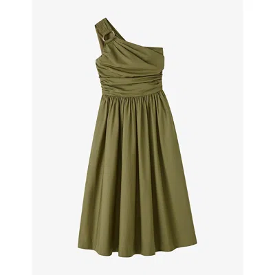 Joseph Womens Fig Leaf Ros One-shoulder Cotton-poplin Midi Dress In Green