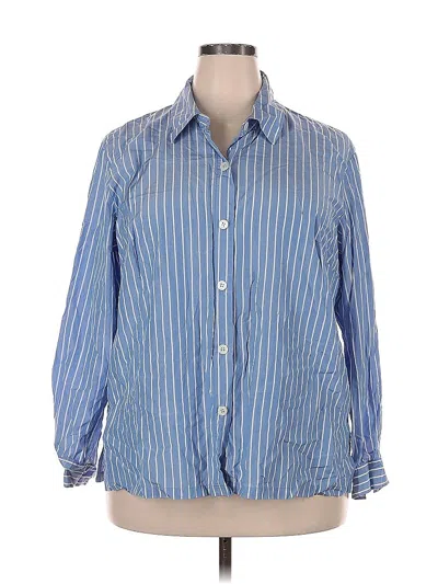 Pre-owned Josephine Chaus Long Sleeve Silk Top Blue Stripes Pattern Collared Neckline Tops
