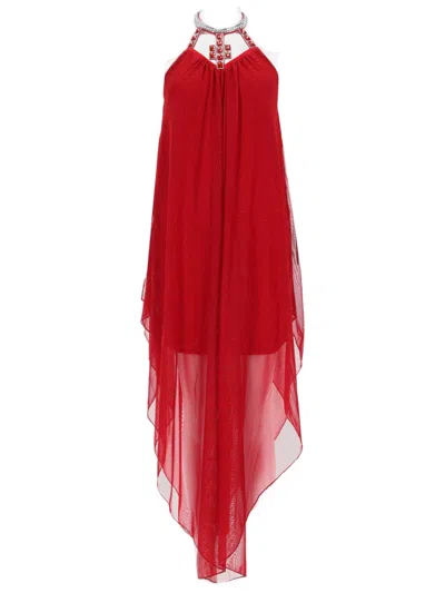 Joshe Asymmetrical Midi Dress With Sheer Overlay In Multi