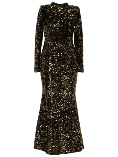 Joshe Fitted Sequin-embellished Evening Dress With High Neckline In Black