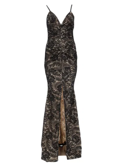 Joshe Intricate Lace Overlay Evening Dress With Ruched Bust In Multi