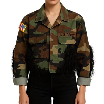 Josie Bruno Vintage Feather Crop Classic Army Jacket In Camouflage In Multi