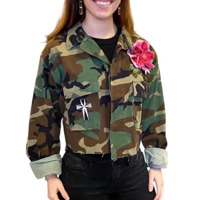 Josie Bruno Vintage Flower Appliqué Army Jacket In Multi