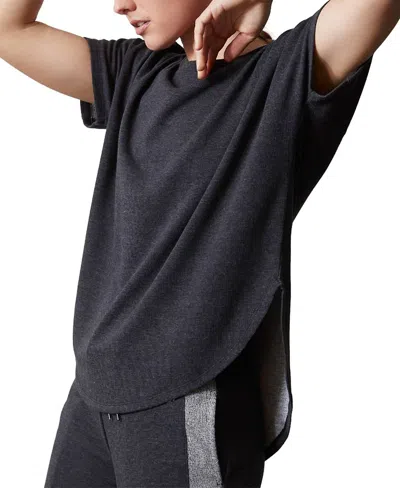 Josie Natori Activewear Chi French Terry Split-back Top In Heather Black