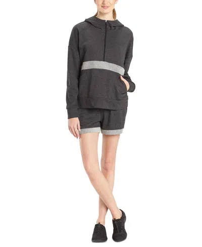 Josie Natori Chi French Terry Active Half-zip Top In Heather Black In Gray