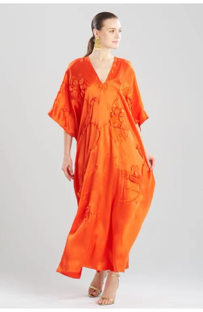 Josie Natori Couture Mokuren Embroidered Silk Caftan In Orange