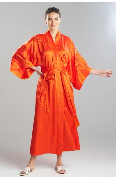 Josie Natori Couture Mokuren Embroidered Silk Robe In Orange