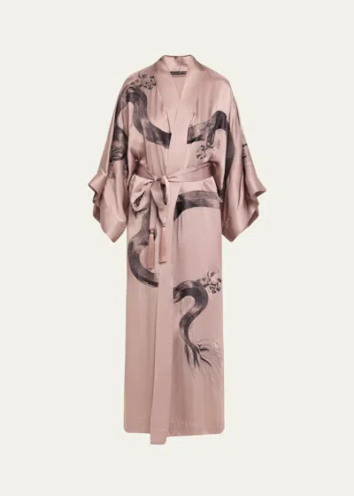 Josie Natori Dragon-embroidered Silk Kimono Robe In Pink