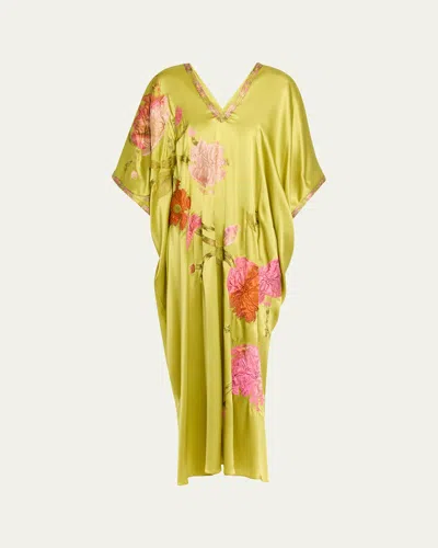 Josie Natori Floral-embroidered Silk Caftan In Green