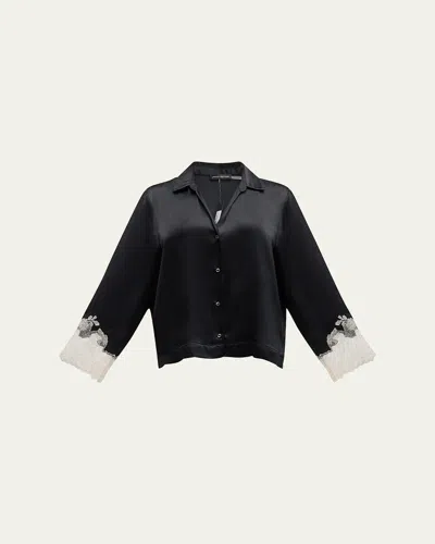 Josie Natori Lolita Cropped Lace-trim Charmeuse Pajama Set In Black Ecru