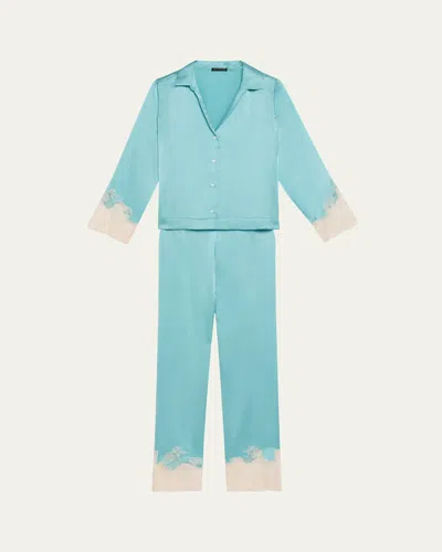 Josie Natori Lolita Cropped Lace-trim Charmeuse Pajama Set In Ocean Mist Ecru