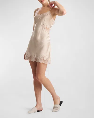 Josie Natori Lolita Lace-trim Open-back Chemise In Beige Ecru