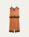 Josie Natori Lolita Lace-trim Silk Charmeuse Crop Pajama Set In Brown