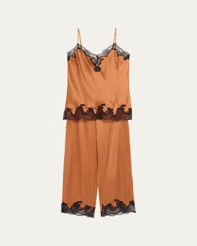 Josie Natori Lolita Lace-trim Silk Charmeuse Crop Pajama Set In Brown