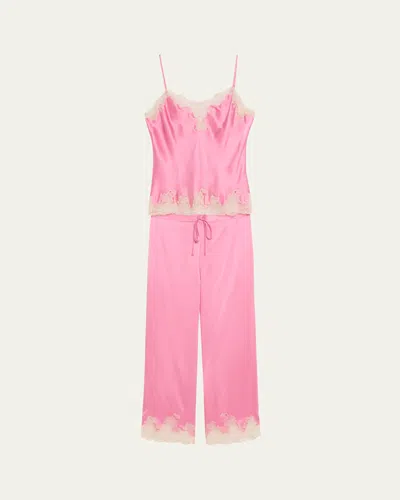 Josie Natori Lolita Lace-trim Silk Charmeuse Crop Pajama Set In Pink