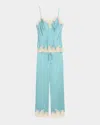 Josie Natori Lolita Lace-trim Silk Charmeuse Crop Pajama Set In Ocean Mist With Soft Ecru