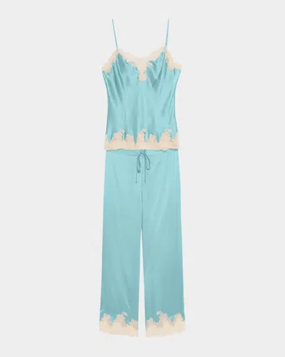 Josie Natori Lolita Lace-trim Silk Charmeuse Crop Pajama Set In Ocean Mist With Soft Ecru
