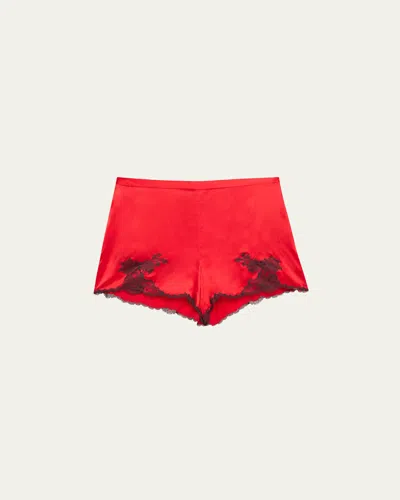 Josie Natori Lolita Lace-trim Silk Charmeuse Shorts In Scarlet W/ Ash Black Lace