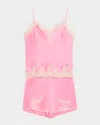 Josie Natori Lolita Lace-trim Silk Pajama Set In Ice Pink And Soft Ecru