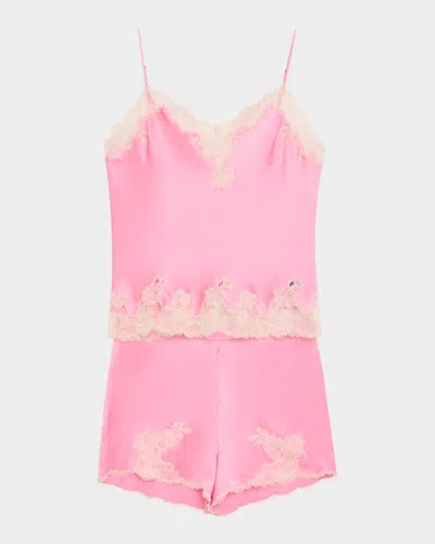 Josie Natori Lolita Lace-trim Silk Pajama Set In Ice Pink And Soft Ecru