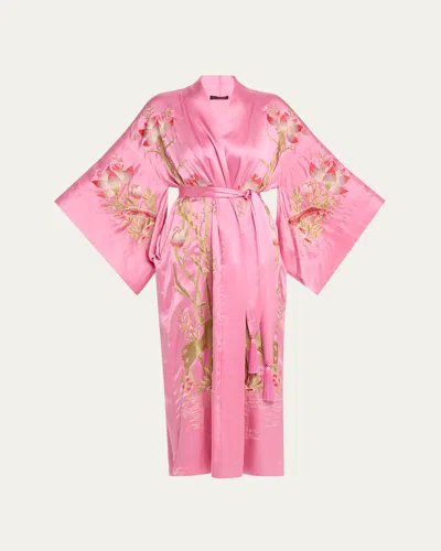 Josie Natori Lotus Couture Embroidered Silk Charmeuse Robe In Ice Pink