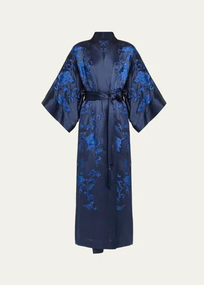 Josie Natori Malaga Floral-embroidered Kimono-sleeve Robe In Midnight Navy