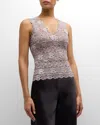 Josie Natori V-neck Floral Lace Tank In Brown