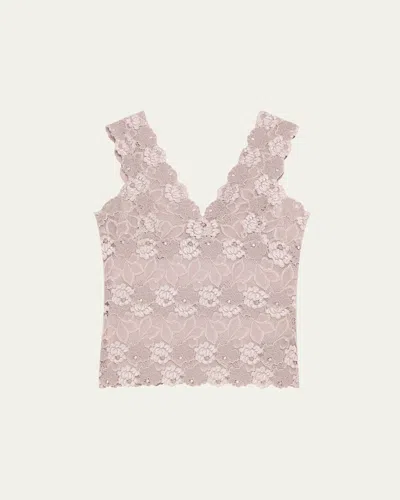 Josie Natori V-neck Floral Lace Tank In Light Mocha
