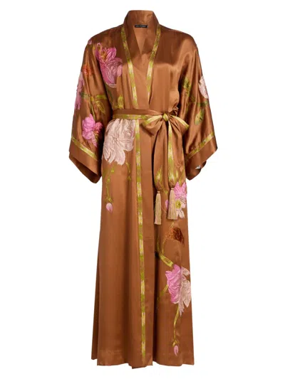 Josie Natori Women's Brushstroke Couture Embroidered Silk Robe In Brown