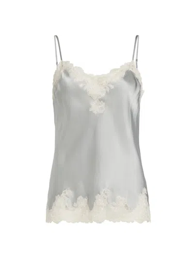 Josie Natori Lolita Cropped Lace-trim Charmeuse Pajama Set In Silver W Ecru