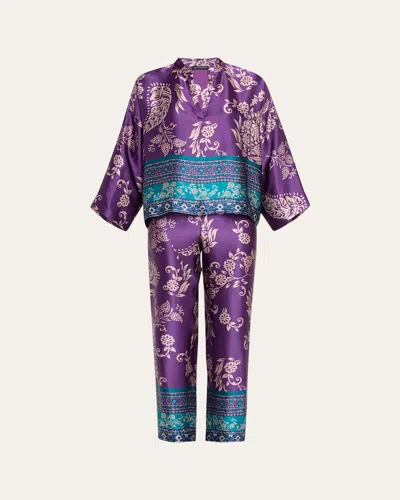 Josie Natori Ysobel Floral-print Silk Charmeuse Pajama Set In Purple Multi