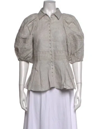 Pre-owned Joslin Linen Short Sleeve Blouse In Grey