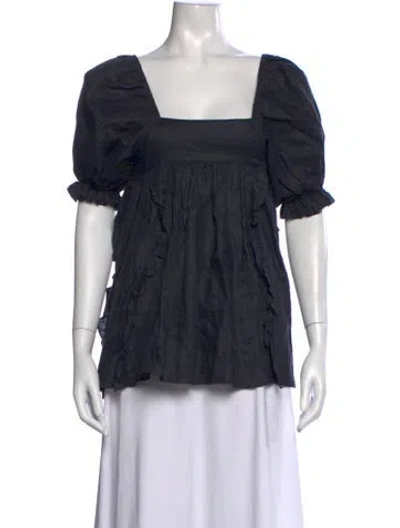 Pre-owned Joslin Linen Square Neckline Blouse In Blue